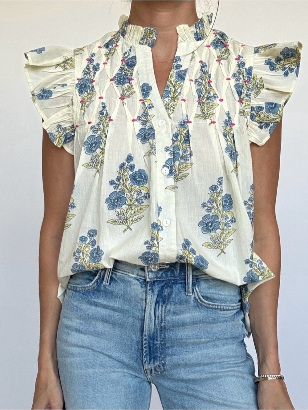 THML Floral Smocked  Ruffle Sleeve Blouse -Size M. Cotton/made in India 🇮🇳